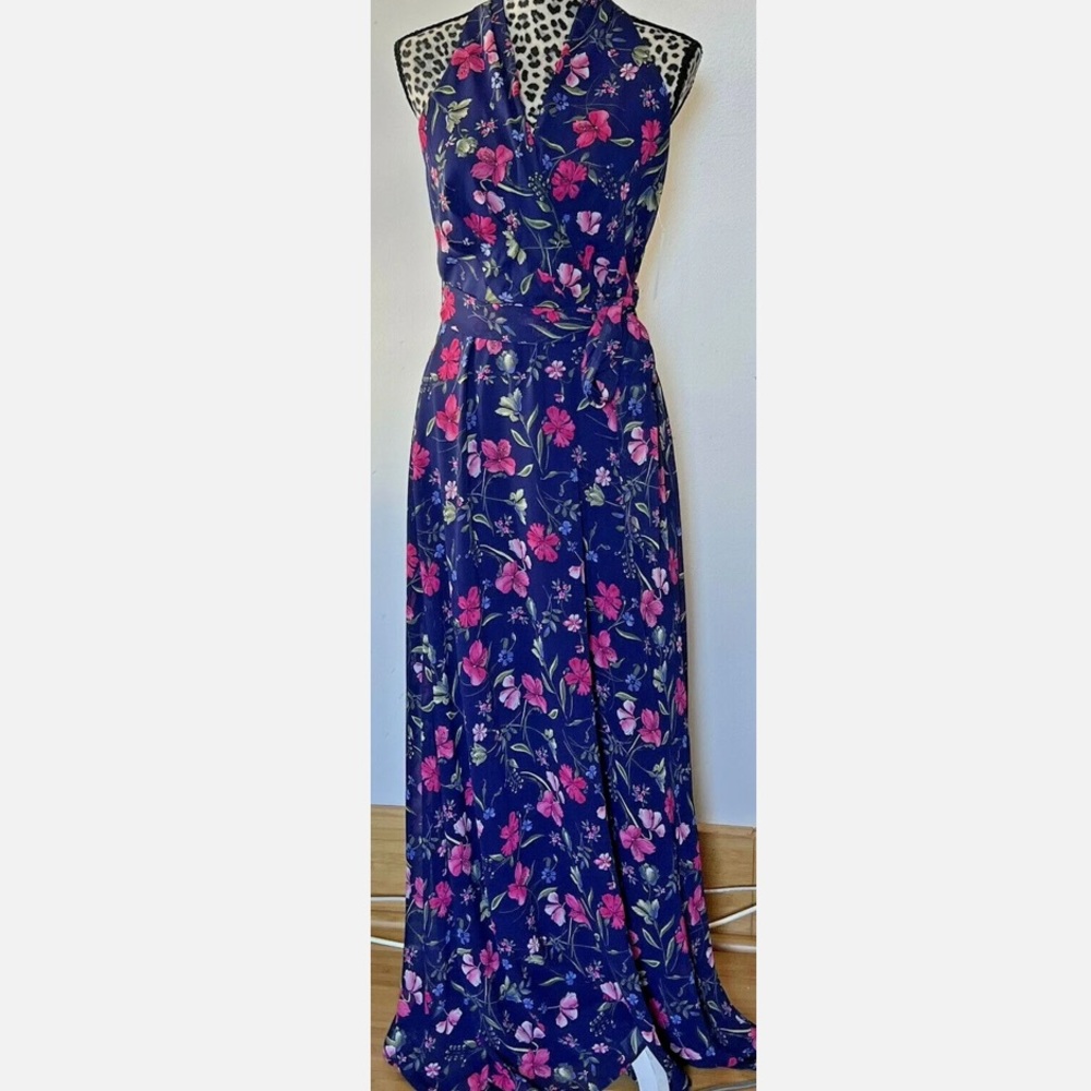 Chetta B Navy with Floral Chiffon Maxi Dress